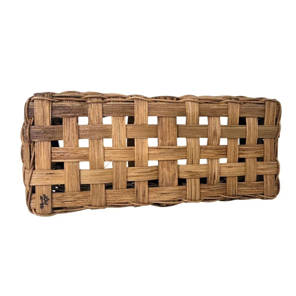 Vintage‎ Signed Artisan Woven Splint Garden Gathering Basket Wood Handle 1996
